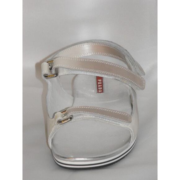 PRADA PATENT OMBRE FUME LEATHER FLATS TWO TONES GLADIATOR LOGO SANDALS 37.5 - Picture 5 of 6